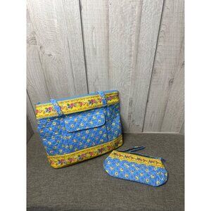 Quilted Shoulder Tote Handbag & Matching Pouch Yellow Blue Floral Pattern